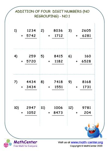 4 digits addition|4 digit addition no regrouping.